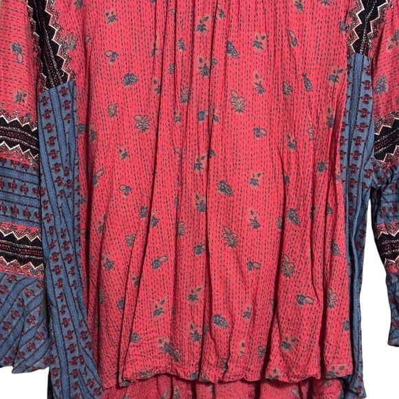 Free People Red and Blue Bell Sleeve Blouse with Tie Front - Picture 6 of 7
